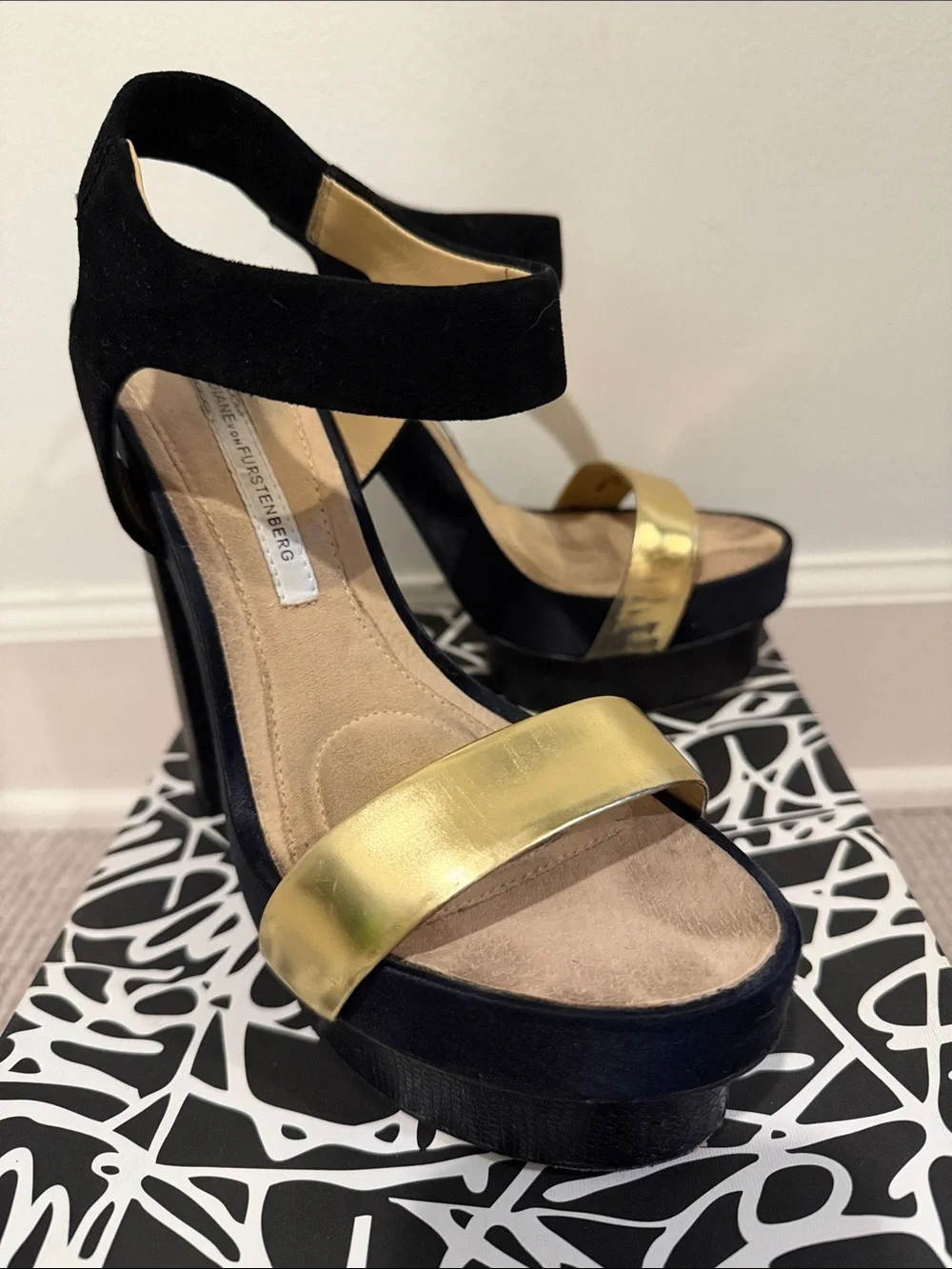 Diane Von Furstenberg Black and Gold Platform Block Heel Sandals